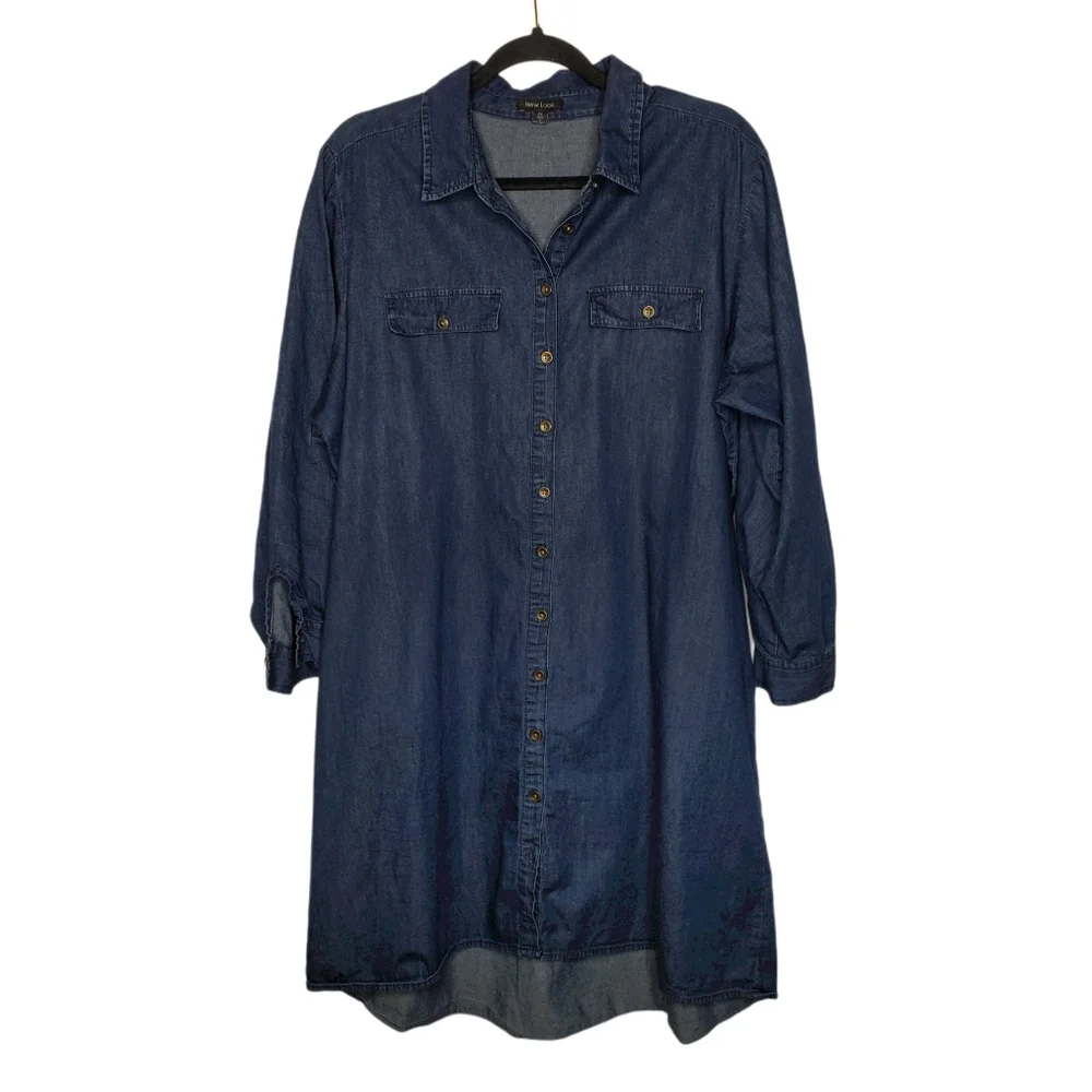 New Look Chambray Dress Dark Wash Tab Sleeve - Picture 2 of 6